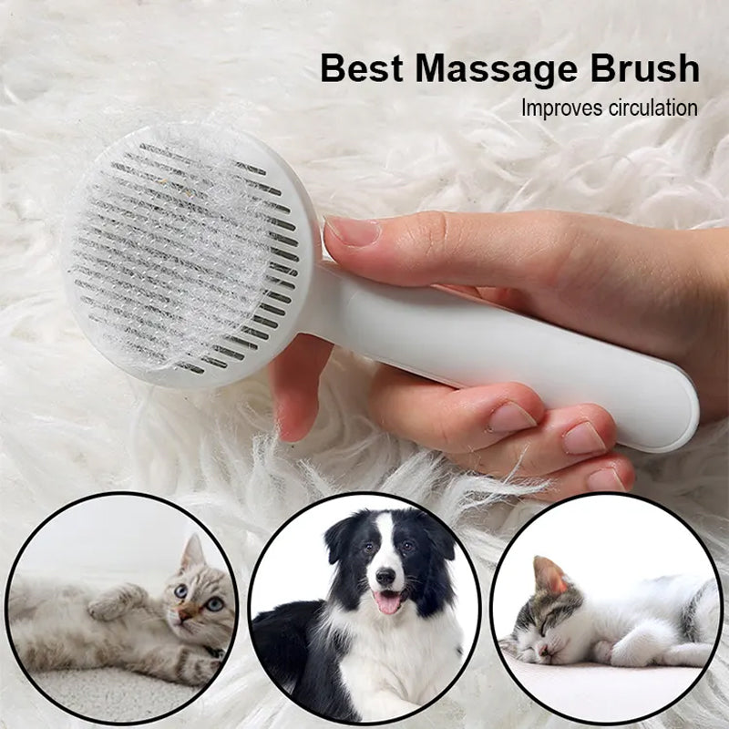 Self-cleaning brush button releasing trapped cat fur instantly